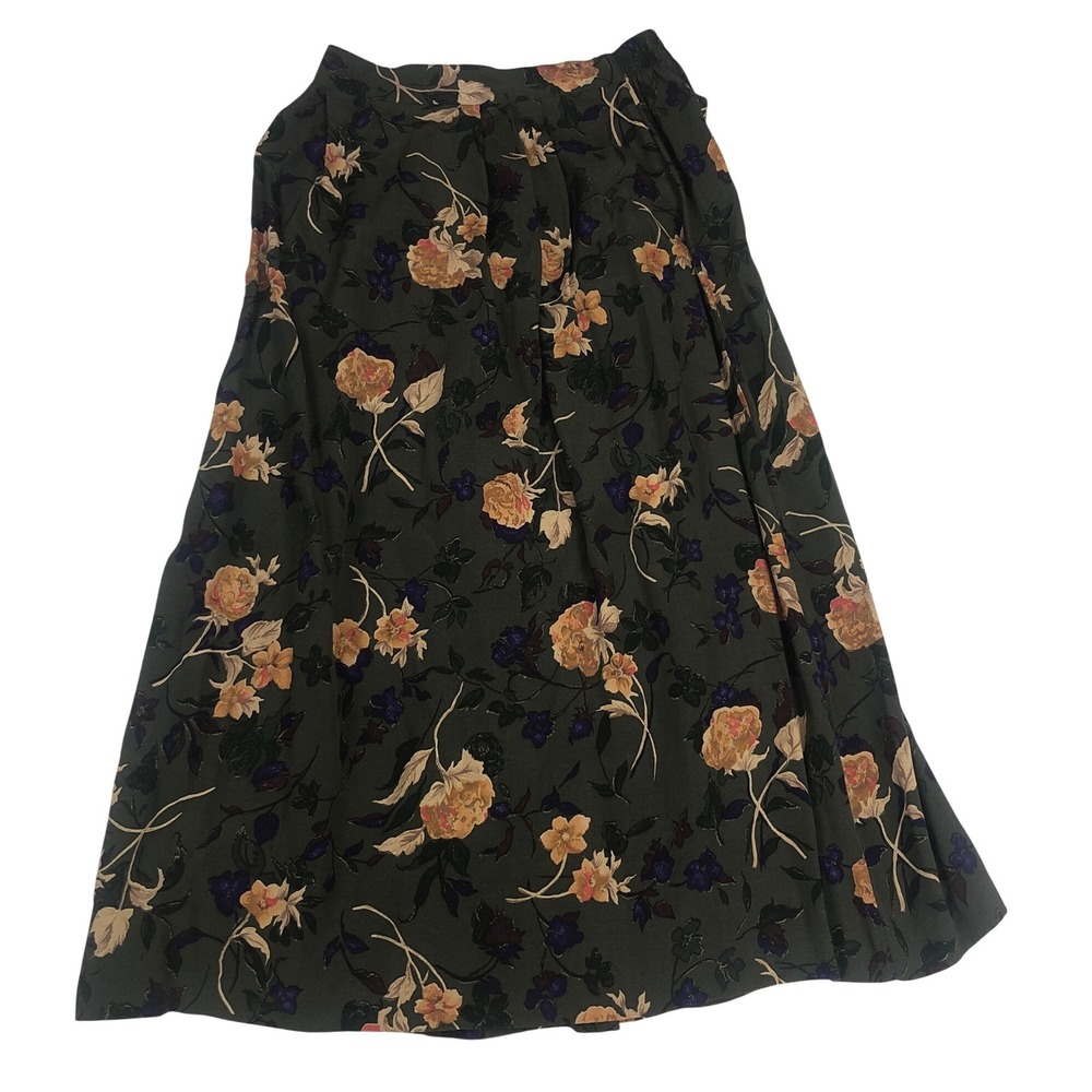 Jaclyn Smith Petite Olive Green Floral Rayon Midi Skirt Pleated Size 10P 7560